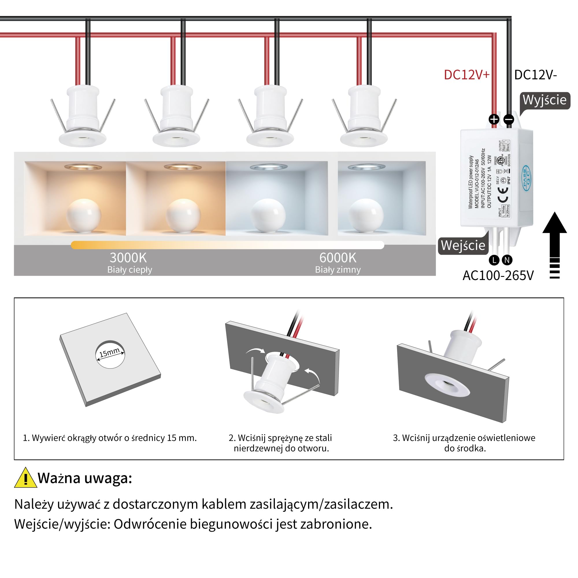 9SZT 12V 1W Mini LED Lampa Spotlight, IP65 Wodoodporna Lampa Wbudowana do Wystaw, Użycie Wewnętrzne Kuchnia Schody Szafka Korytarz Oświetlenie DIY (Biały Biały Ciepły 30°)