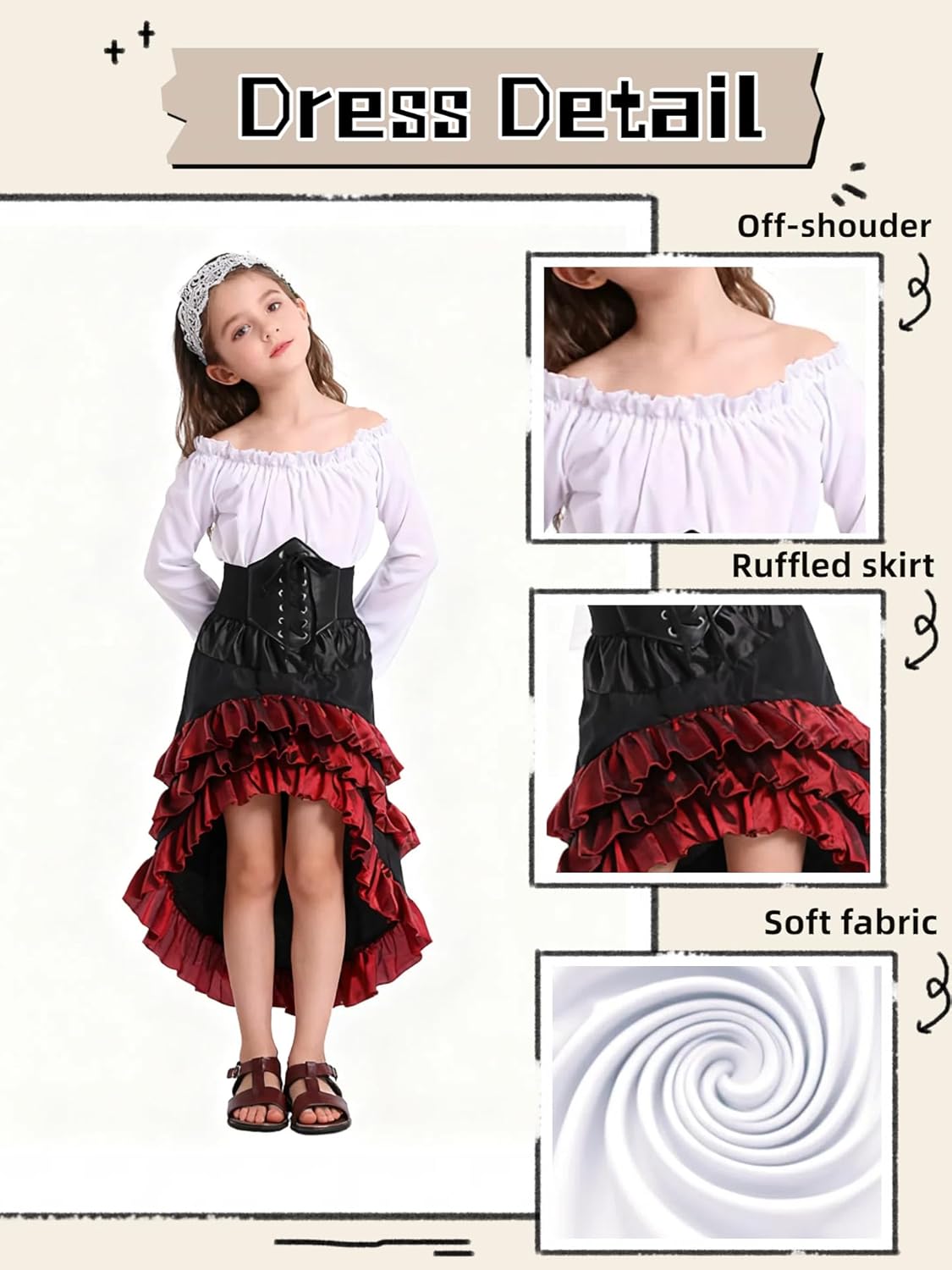 Verceco Pirate Medieval Renaissance Dress, Brown and Black Ruffled Skirt with Corset, Bell Sleeve Peasant Top