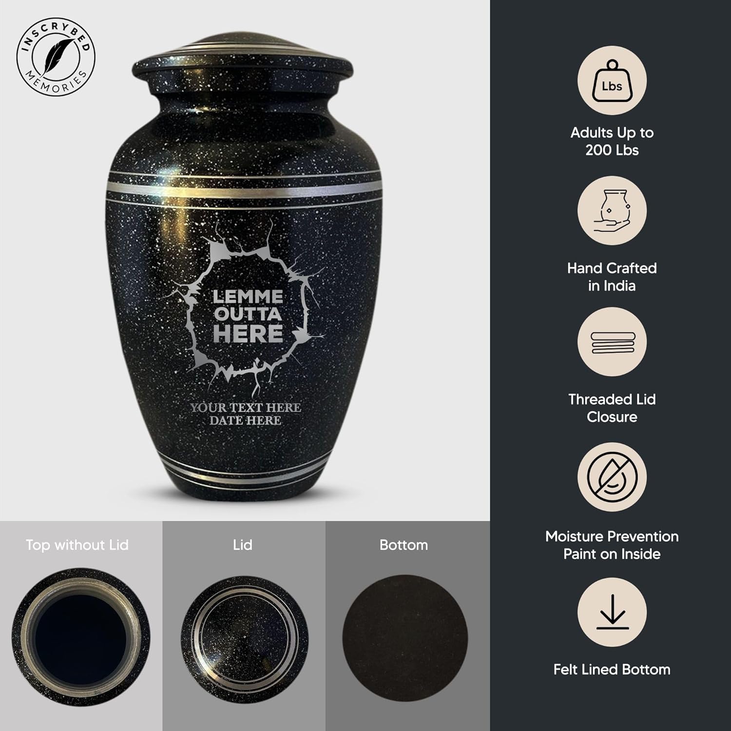 Personalized Human Cremation Urn for Adult Ashes Men & Women - Engraved Aluminum Urn with Name and Funny Humorous Lemme Outta Here 1 Design- Urn for Human Remains | Black with Silver Rim