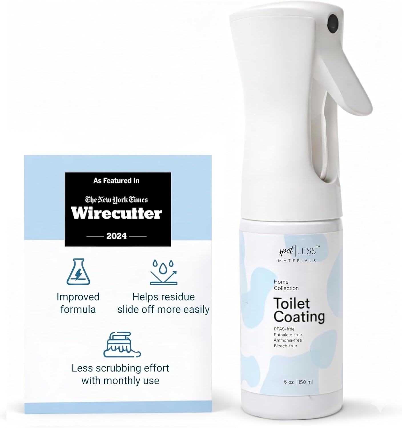 spotLESS MATERIALS Toilet Coating, Toilet Coating Spray for Ceramic and Porcelain, Water Repellent Barrier, Helps Reduce Scrubbing and Cleaning Time, PFAS Free Bathroom Essential, Cleaning Supplies