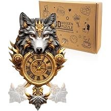 3D Puzzle for Adults Clock - Grey Wolf Clock Design Model Kit-Mechanical DIY Pendulum Clocks with Roman Numerals-Desk Home Office Decor Personalized Gift for DIY Lovers