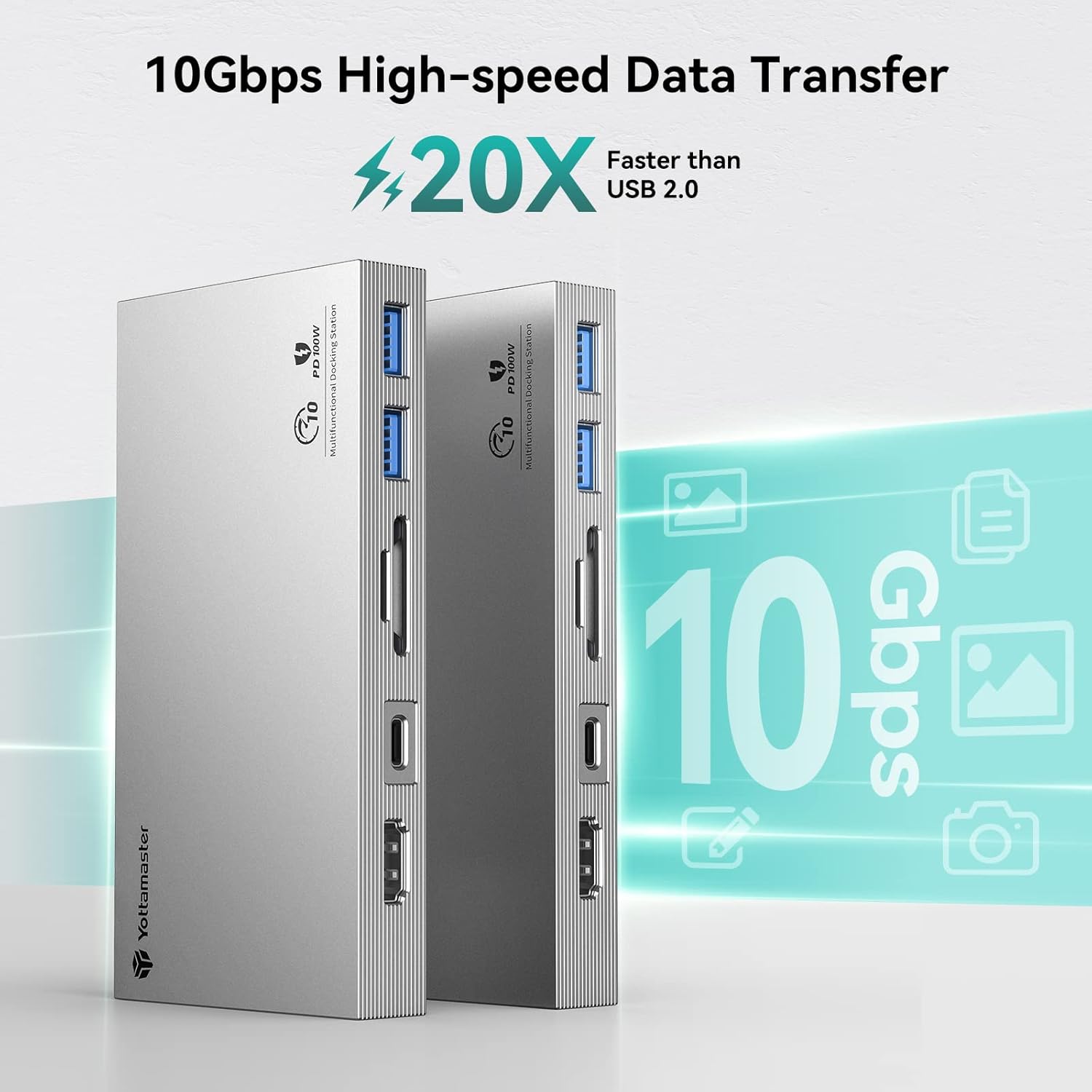 Graphic illustrating 10Gbps high-speed data transfer, 20 times faster than USB 2.0