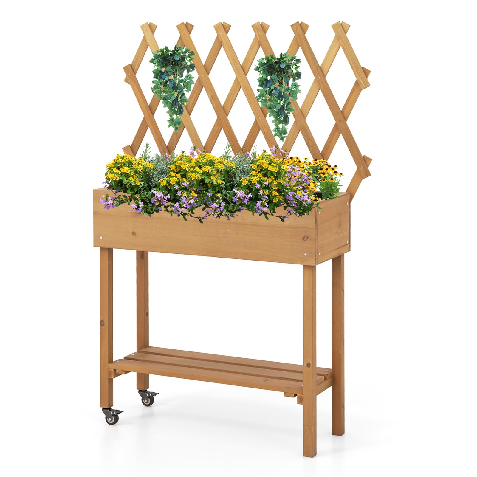 GOPLUS Huerto Urbano con Enrejado y Estante | Jardinera Elevada con Ruedas, Orificios de Drenaje, Macetero Exterior para Patio Jardín Balcón, 90 x 29 x 129 cm