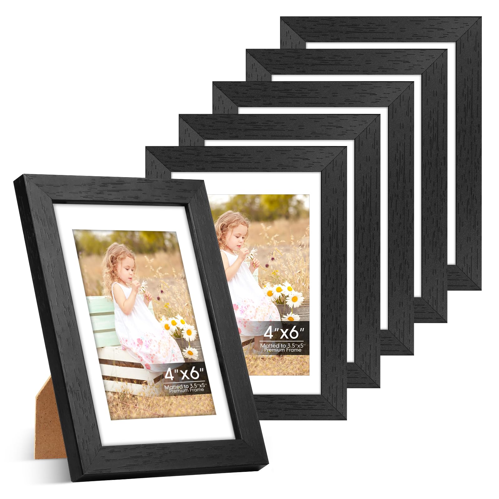 6 Pack 4x6 Frames, Mat for 3.5x5 Photos, Shatter HD Plexiglass | Removable mat fits two photo sizes, slim frame with stand for horizontal &amp; vertical tabletop &amp; wall mount