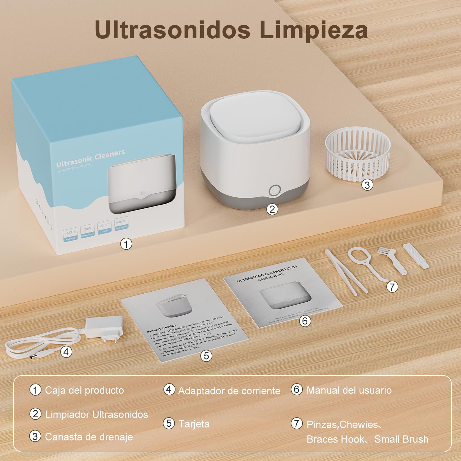 Limpiador Ultrasonidos Portátil 45000Hz con Luz UV | 24W 200ml | Para Prótesis Dentales, Retenedores, Alineadores, Férulas, Joyas | Cámara de Limpiador Ferula Dental