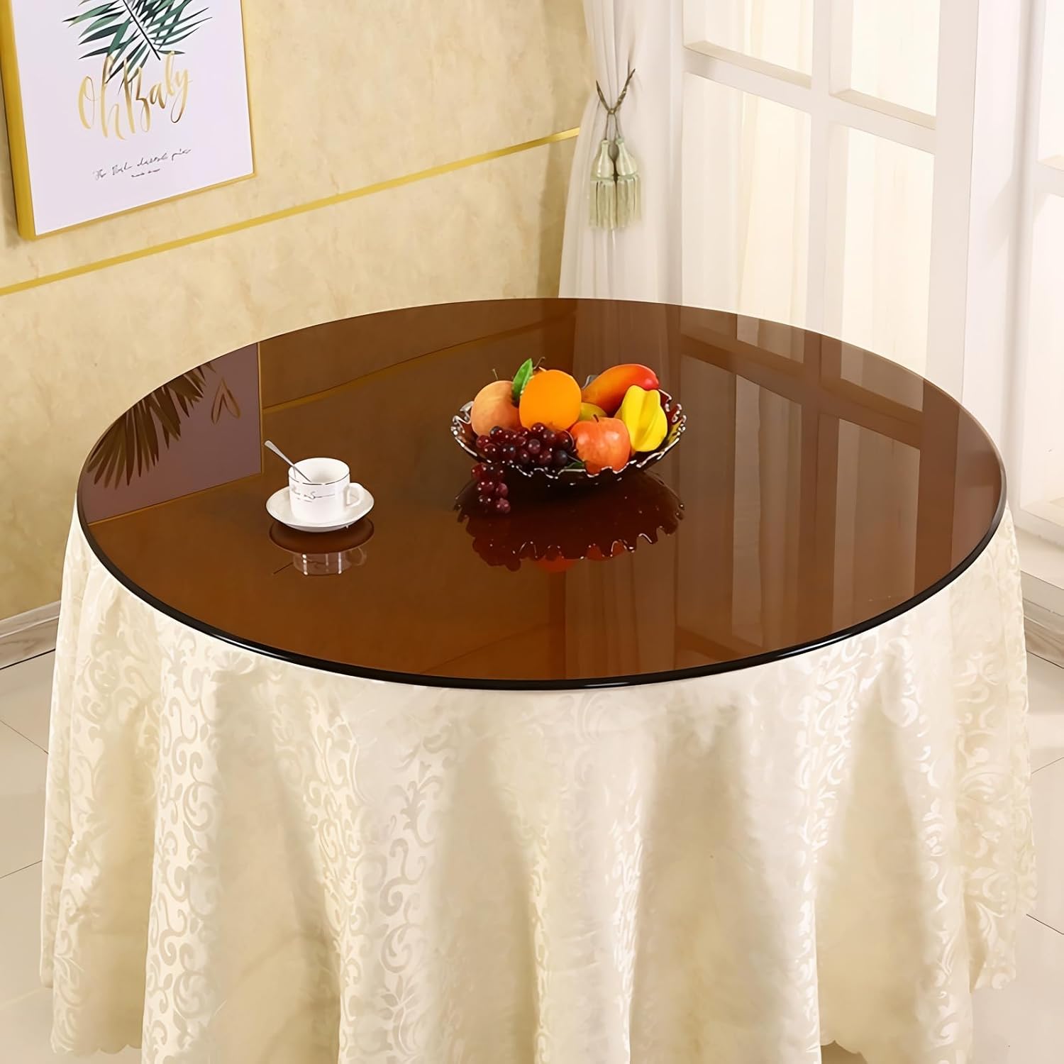 24 Inch Brown Table Top Round Tempered Glass, Round Replacement Glass 15" 16" 20" 32" for Dining Coffee Patio Table Tops, Pencil Polished Edge(16.5inch/42cm)