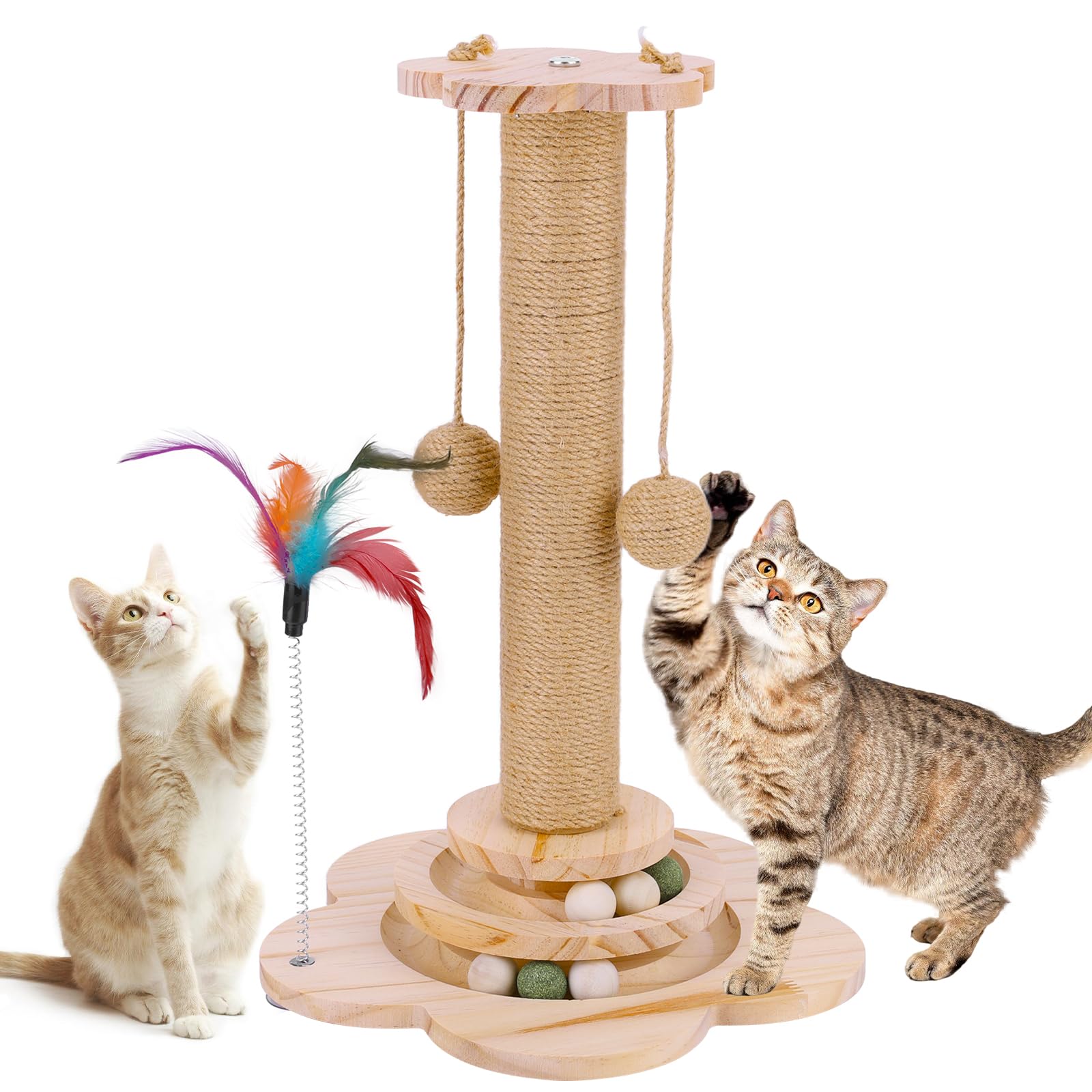 FitRepa Cat Scratching Post Multifunctional Cat Scratch Post, with Solid Wooden Base, Interactive Track & Spring Feather Toy