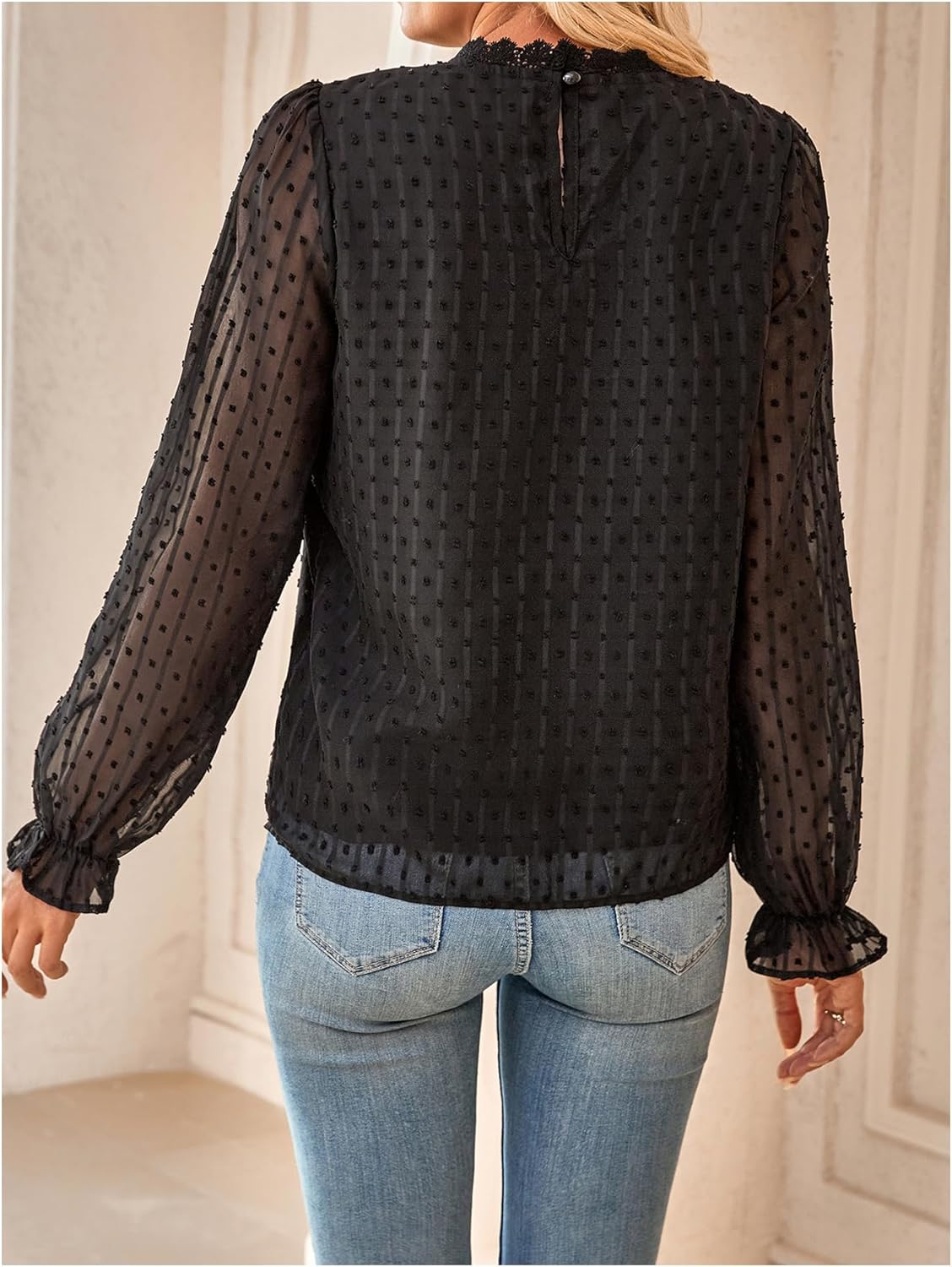 Milumia Women's Swiss Dots Sheer Mesh Blouse Flounce Long Sleeve Ruffle Lace Patchwork Tops - Image 4