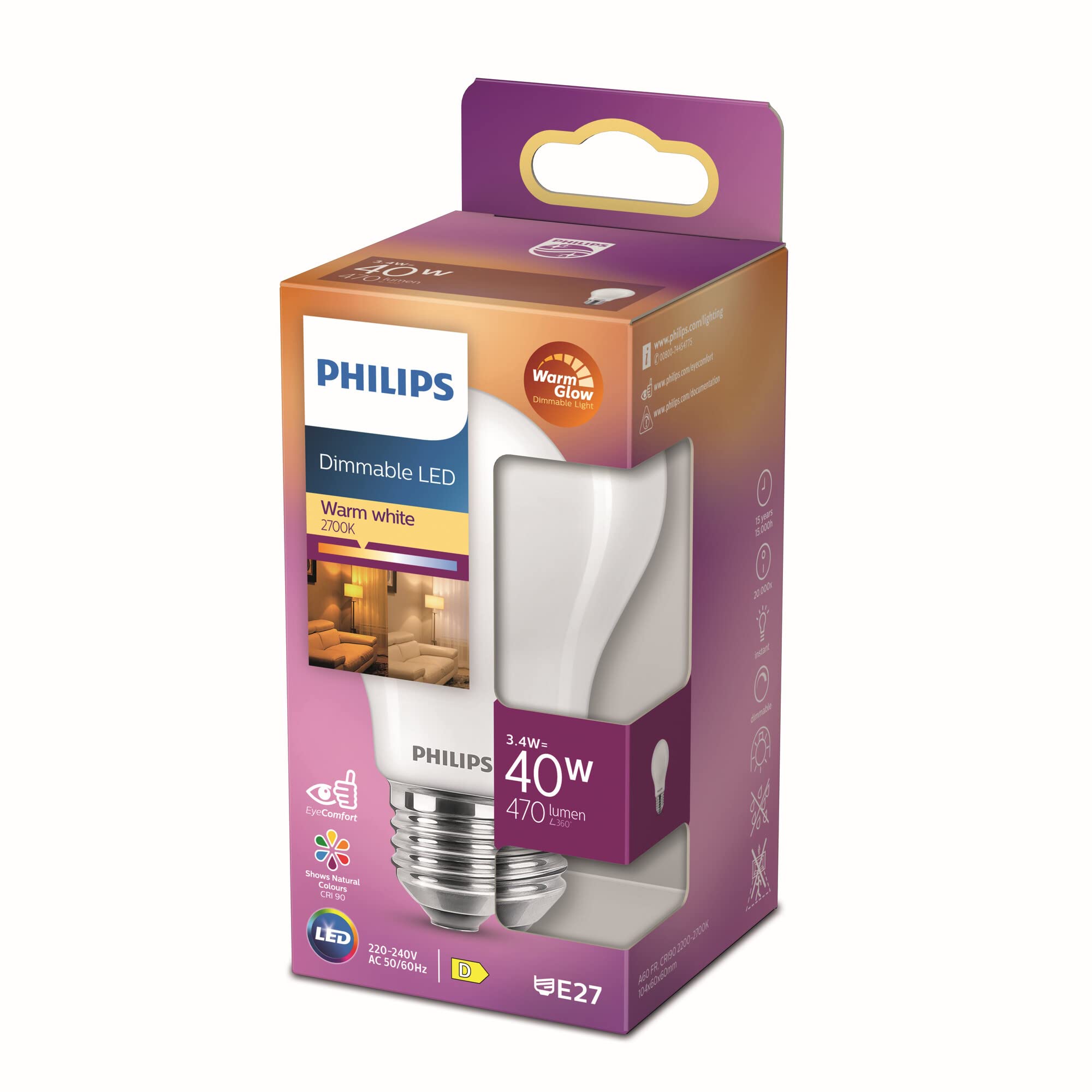 Philips LED Classic E27 WarmGlow Lampe, 40 W, Tropfenform, dimmbar, matt, warmweiß, Weiß