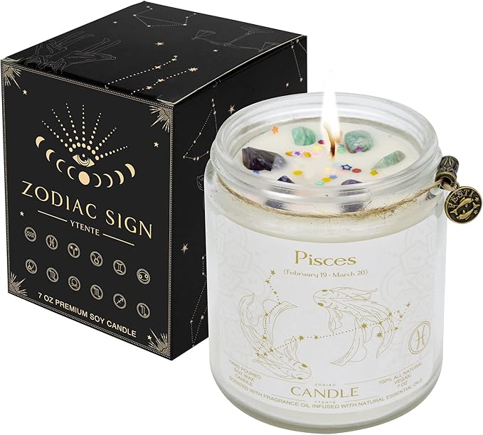 Zodiac Sign Candles, Zodiac Crystal Sign Candles,Astrology Scented Candles Best Friends Gifts for Women, Men Sister Brother Zodiac Funny Birthday Gift Candle Jar (Pisces)