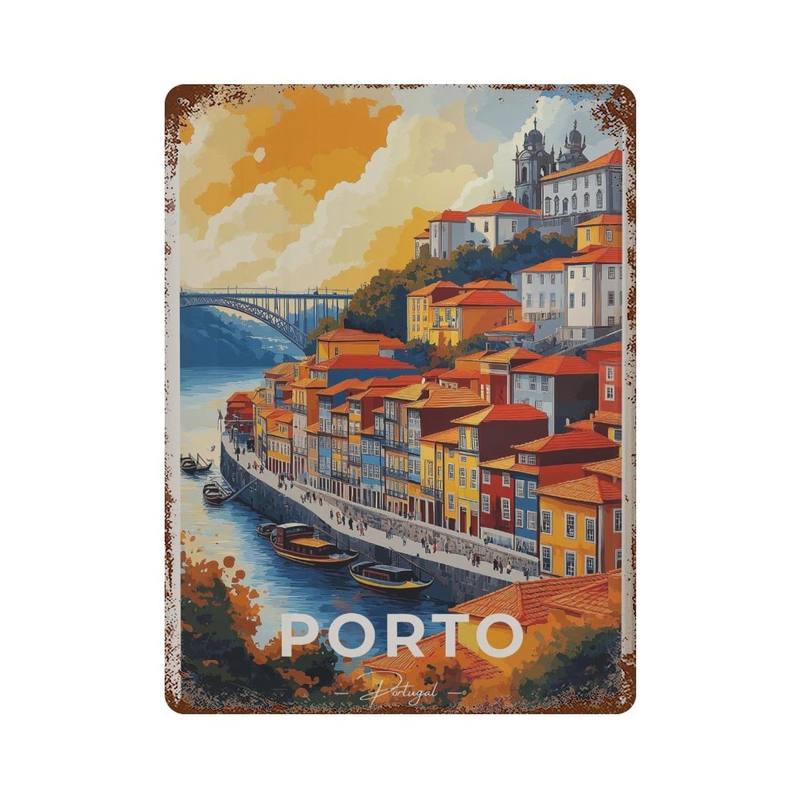 xiaoxiaoshen Porto Portugal Travel Illustrated Cityscape Wall Decor Art Metal Tin Poster Modern Home Decor Art Home Bar Shop Decorations Vintage Sign 40x30cm