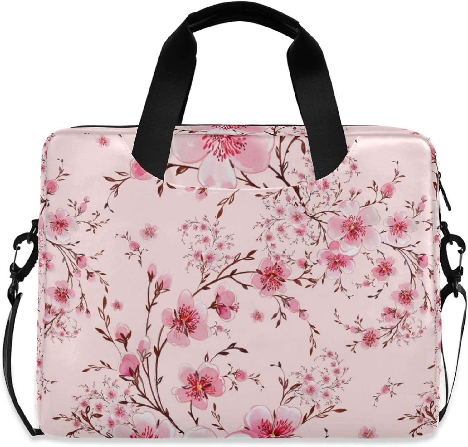 ALAZA Pink Cherry Blossom Flower Floral Laptop Case Bag Sleeve Portable Crossbody Messenger Briefcase w/Strap Handle, 13 14 15.6 inch