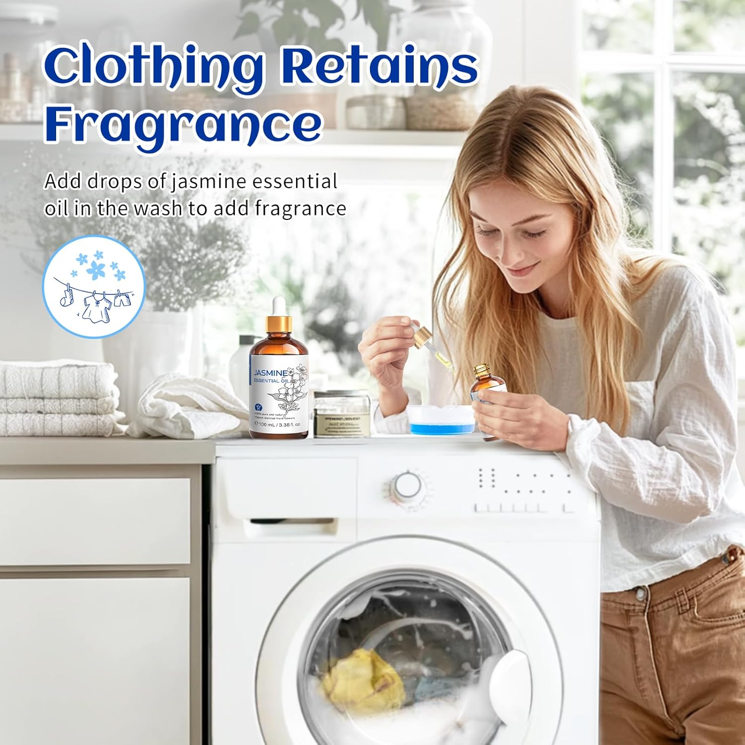Woman adding jasmine essential oil to laundry for fragrance.