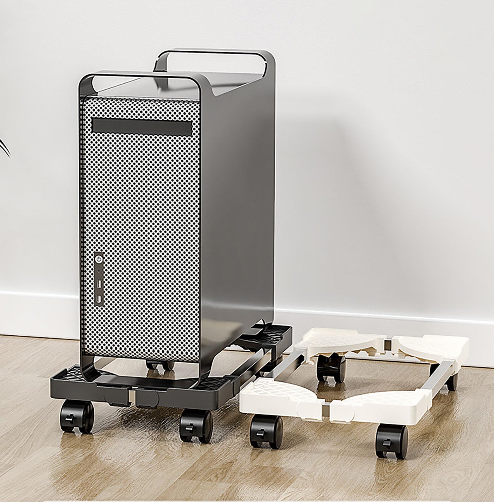 Soporte giratorio de 360° para CPU, soporte de torre para computadora móvil con protección de riel de protección, plástico ABS y metal, altura ajustable, diseño ventilado, montaje en suelo con ruedas