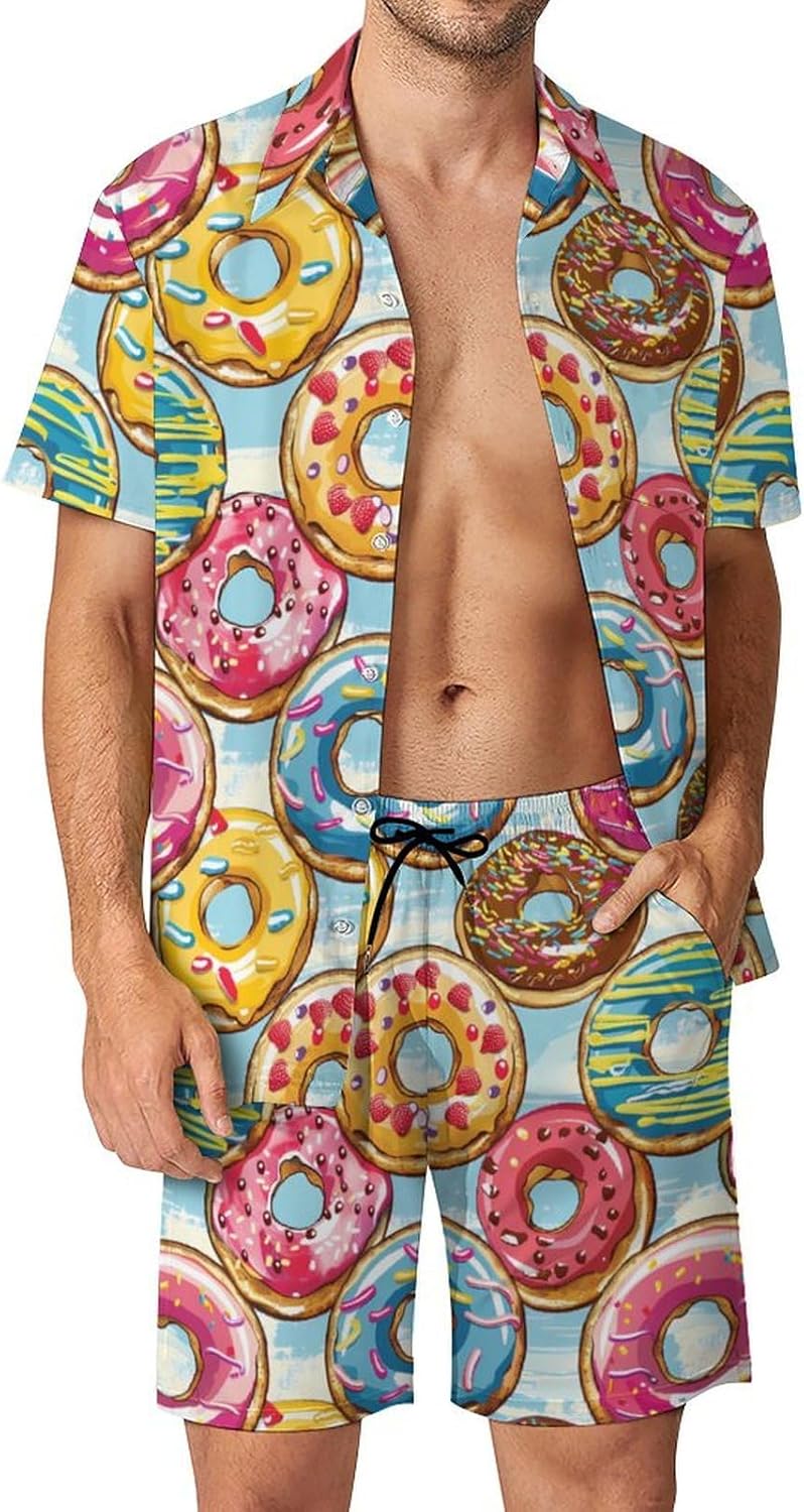Colorful Doughnuts Men's Summer Beach Outfits Shirt And Shorts Set 2 Piece Vacation Swimwear