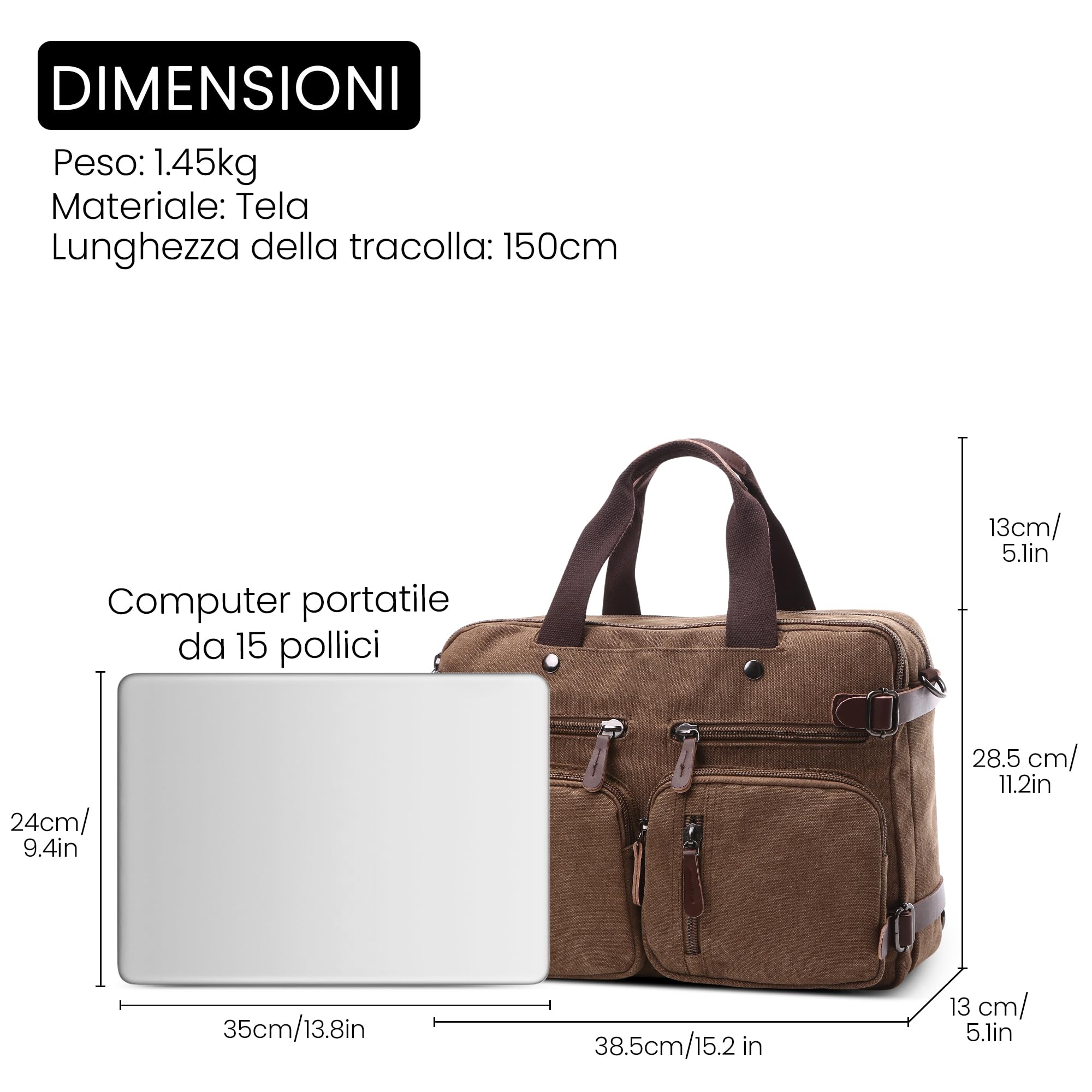 Moda Tela Zaino Uomo Elegante Convertibile Borsa a Tracolla per 15 Pollici PC Portatile Tasche Messenger Bag Borsetta Casuale Viaggio Scuola Quotidiano Lavoro Uomo Canvas Backpack Marrone