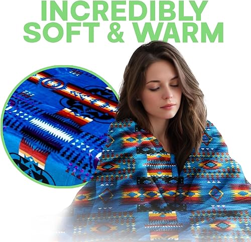 Miniatura 3 de Sacred Thread Manta de vellón de 79 x 95 pulgadas, mantas mexicanas reversibles, mantas aztecas vibrantes para decoración azteca para el hogar,