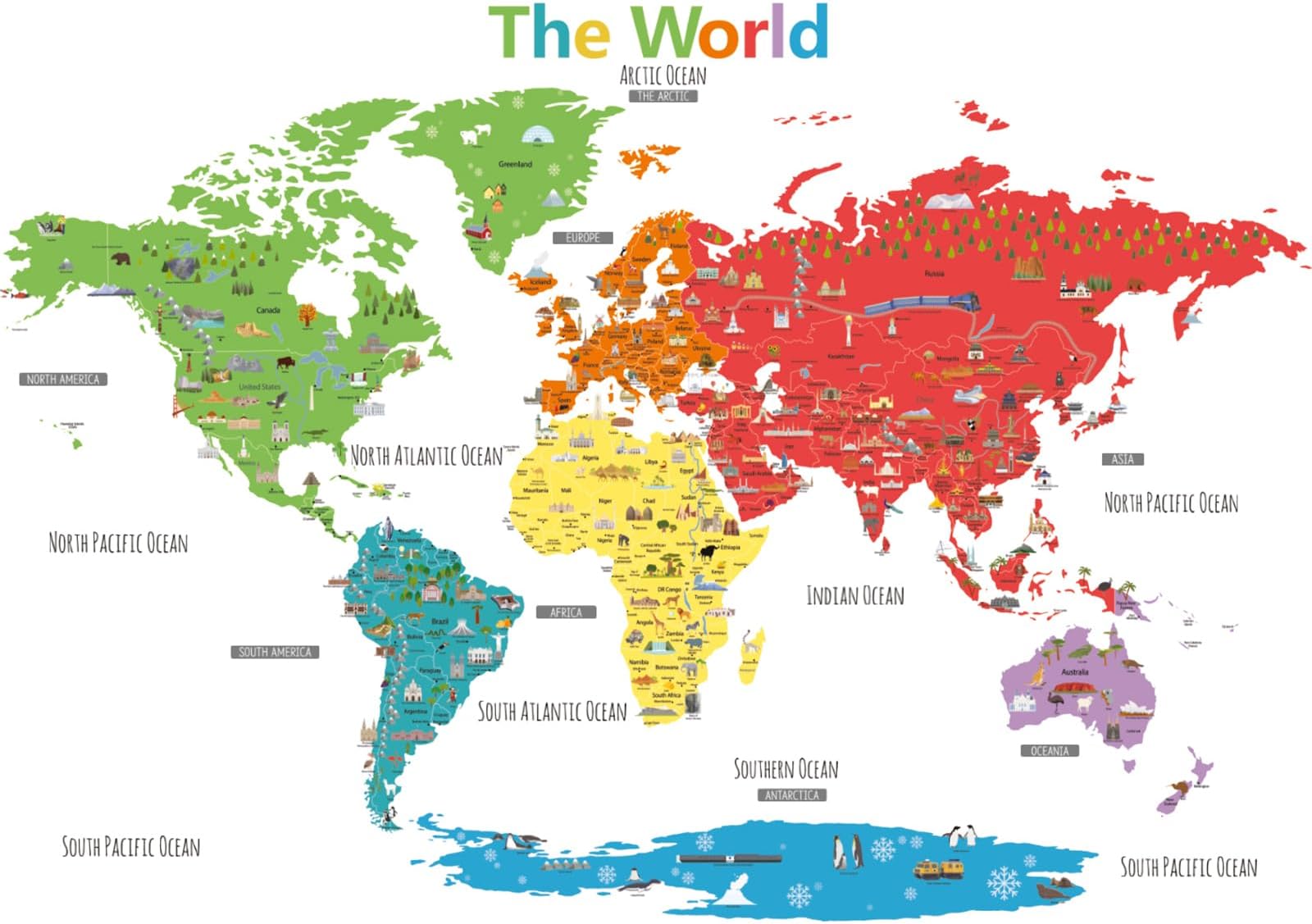 DECOWALL DL3-1902N XLarge Colorful Landmark World Map Wall Stickers (62x42 inch) Wall Decals Peel and Stick Removable Wall Stickers for Kids Nursery Bedroom Living Room décor