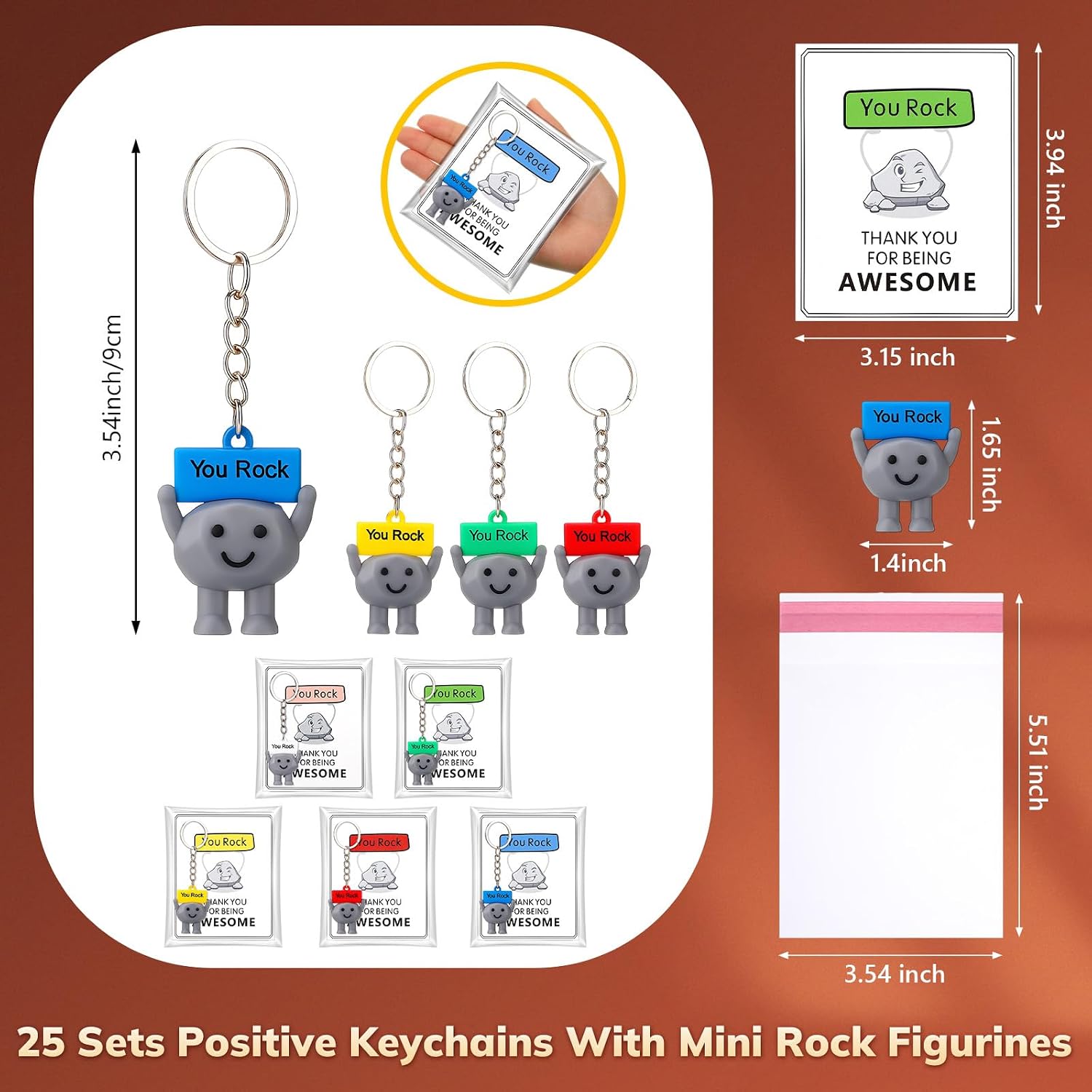 Gejoy 75 Pcs You Rock Gifts Set Include 25 Mini Rubber Rock Keychain 25 Motivational Card 25 Package Bag Positive Inspirational Gifts for Being Awesome Employee Coworker Staff Teacher Team Friends image 2