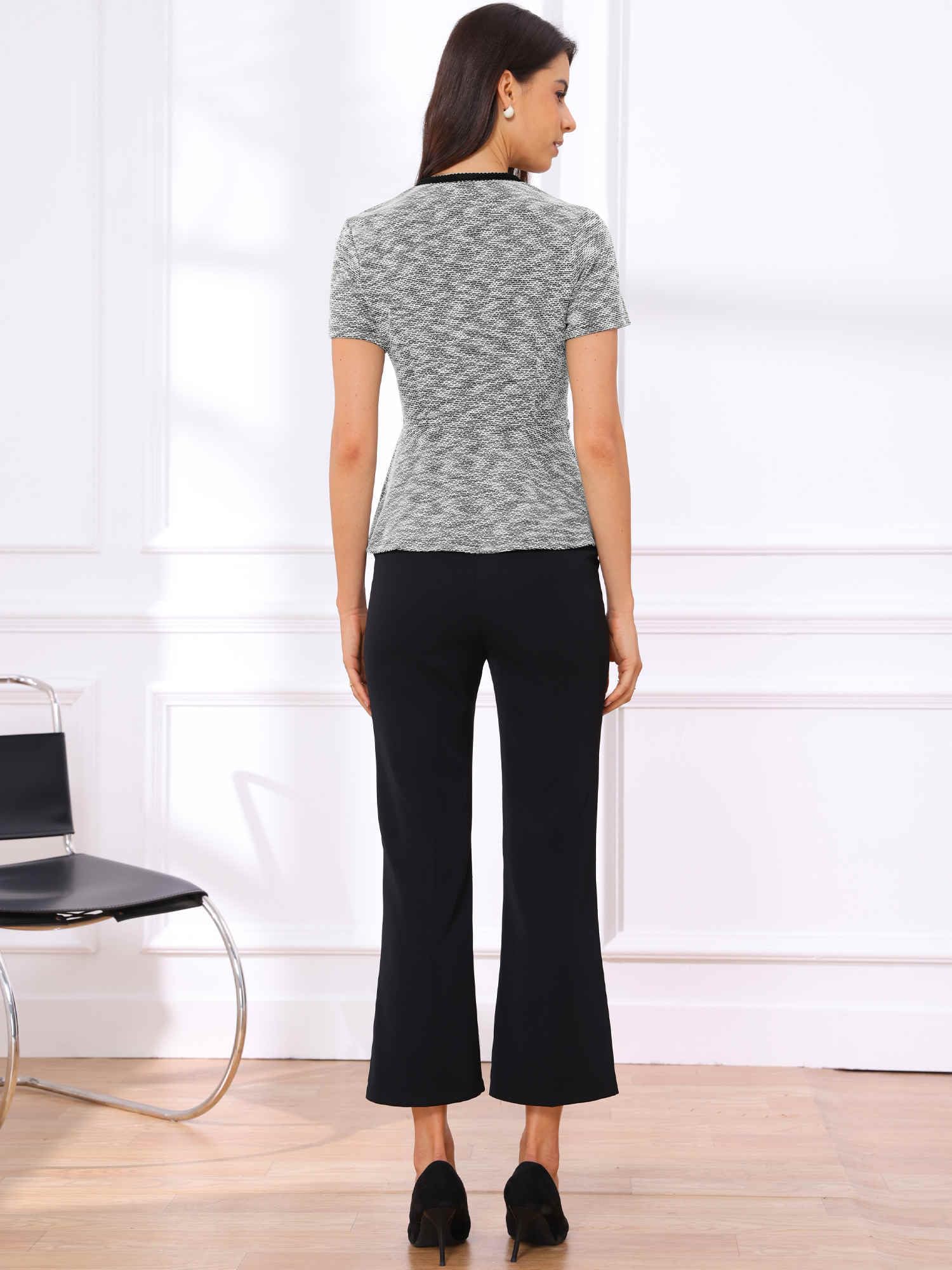 Allegra K Haut en tweed pour femme - Col rond - Manches courtes - Style péplum