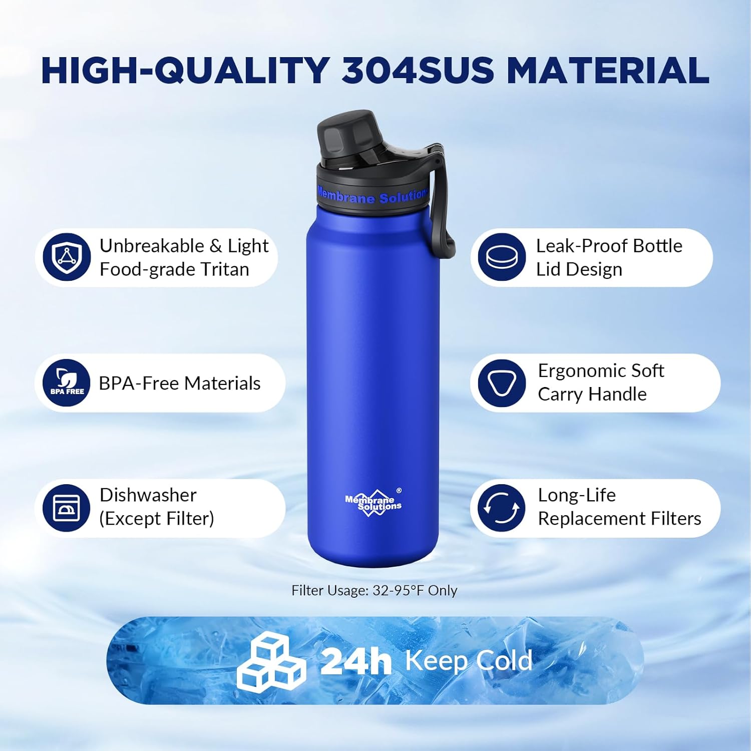 Membrane Solutions C3 Filtered Water Bottle, 32oz Stainless Steel Water Bottle with Replaceable UF+ACF Filter Cartridge, Portable Water Filter, Travel, Hiking & Camping for Drinking Water - Image 4