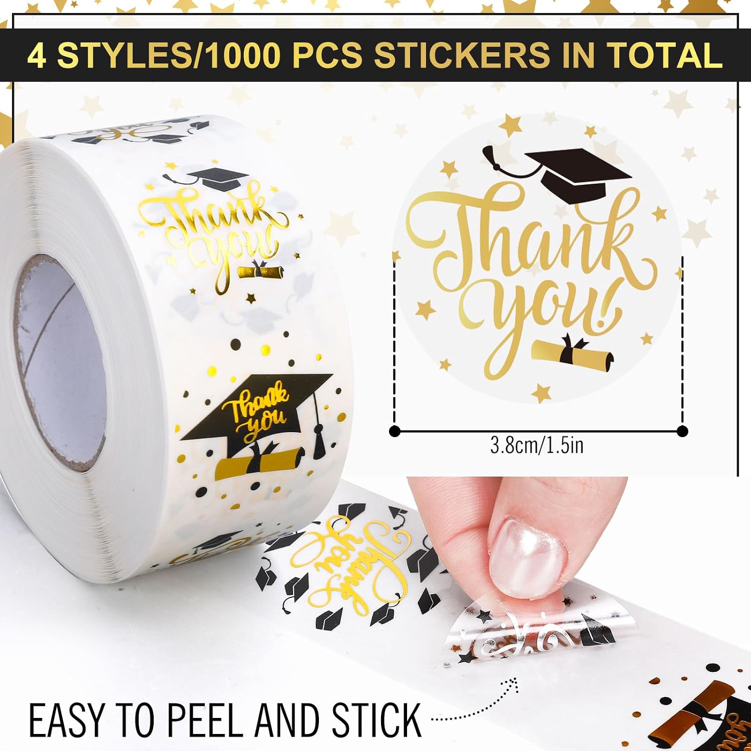 FYSUIMU 1000Pcs Graduation Stickers Roll Gold Foil Grad Cap Clear Thank You Stickers 4 Styles Congrats Grad Self-Adhesive Label Decals Seals for Envelope Card Graduation Party Favor Decor