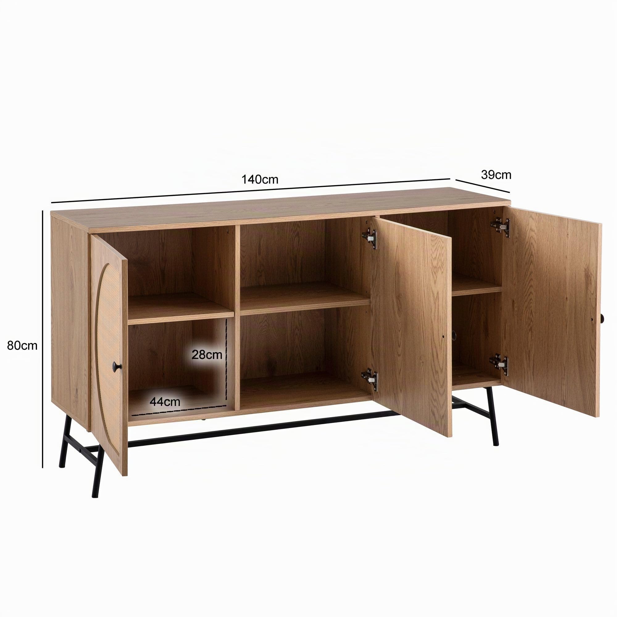 FineBuy Sideboard 140x39x80 cm Eiche-Dekor Rattan mit 3 Türen