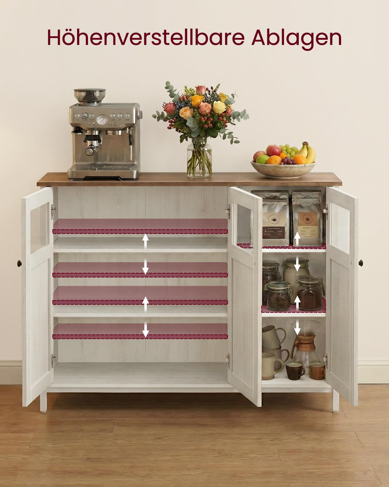 VASAGLE Sideboard, Küchenschrank, Aufbewahrungsschrank, mit Glastüren, für Wohnzimmer, Küche, Esszimmer, Stahlrahmen, Industriestil, honigbraun-vintageweiß LSC099WJ02
