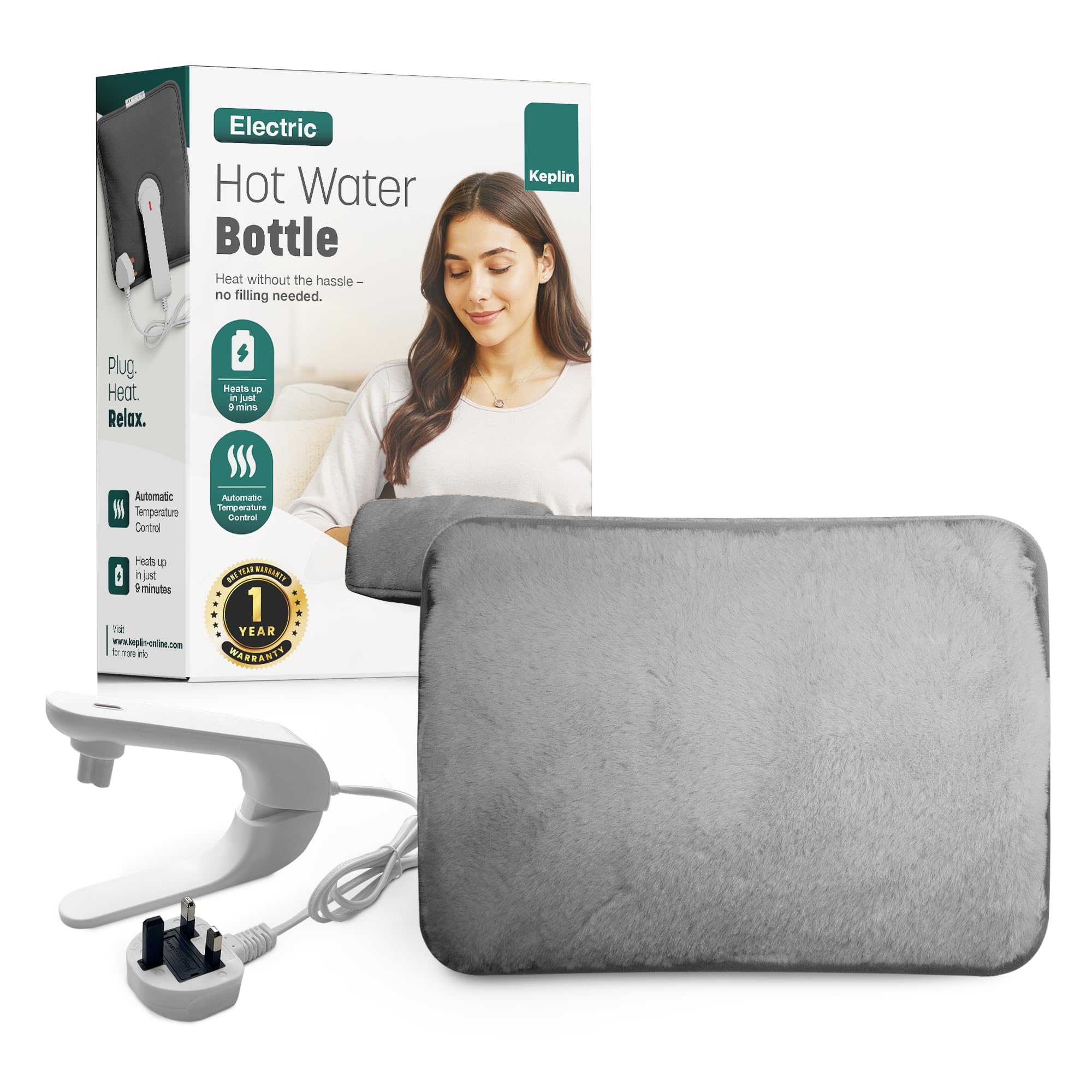 KEPLIN Rechargeable Electric Hot Water Bottle Soft & Cosy Bed, Hand & Body Warmer - Fast Heating, Auto-Shut Off Function, Over-Heat Protection & No Refill Heat Pad - 1 Year Warranty (Grey)