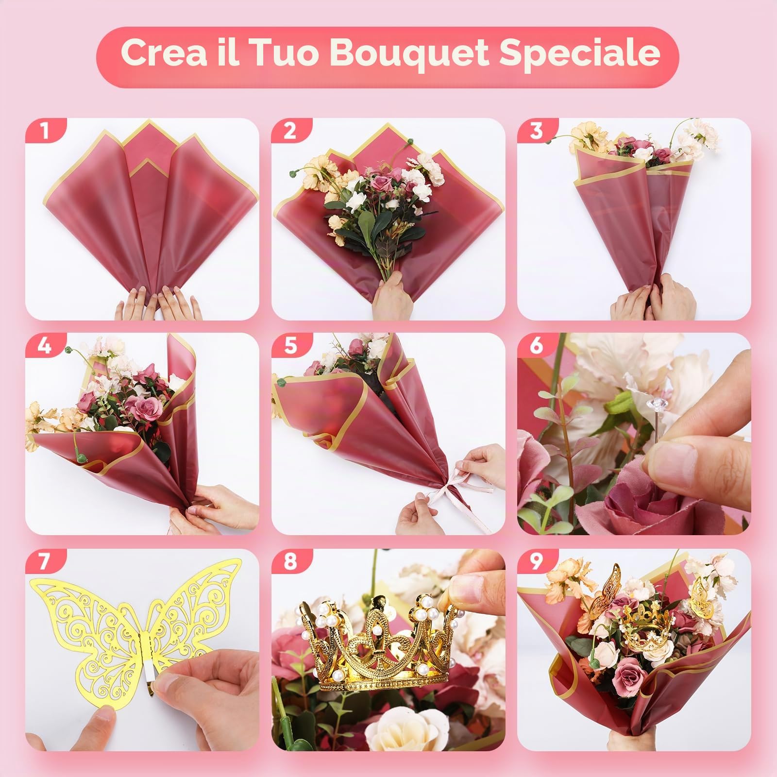 Kit carta da regalo per fiori, include 100 fogli di carta da regalo per bouquet di fiori, 3 rotoli di nastro per bouquet di fiori, 20 pezzi di biglietti d'auguri, 200 pezzi di spille per fiori etc