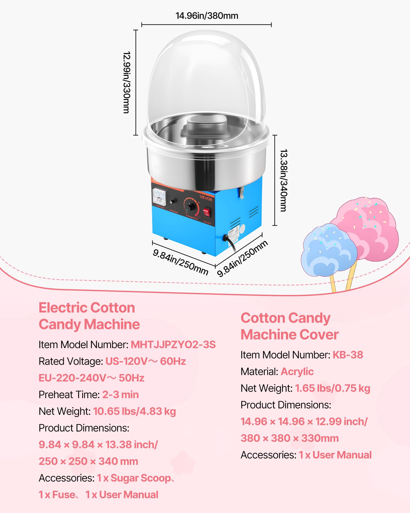 VEVOR Máquina Eléctrica de Algodón de Azúcar 1000 W, Máquina para Hacer Algodón de Azúcar con Tapa, Recipiente de Acero Inoxidable y Cuchara para Azúcar, para Carnavales, Cumpleaños, Fiestas, Azul
