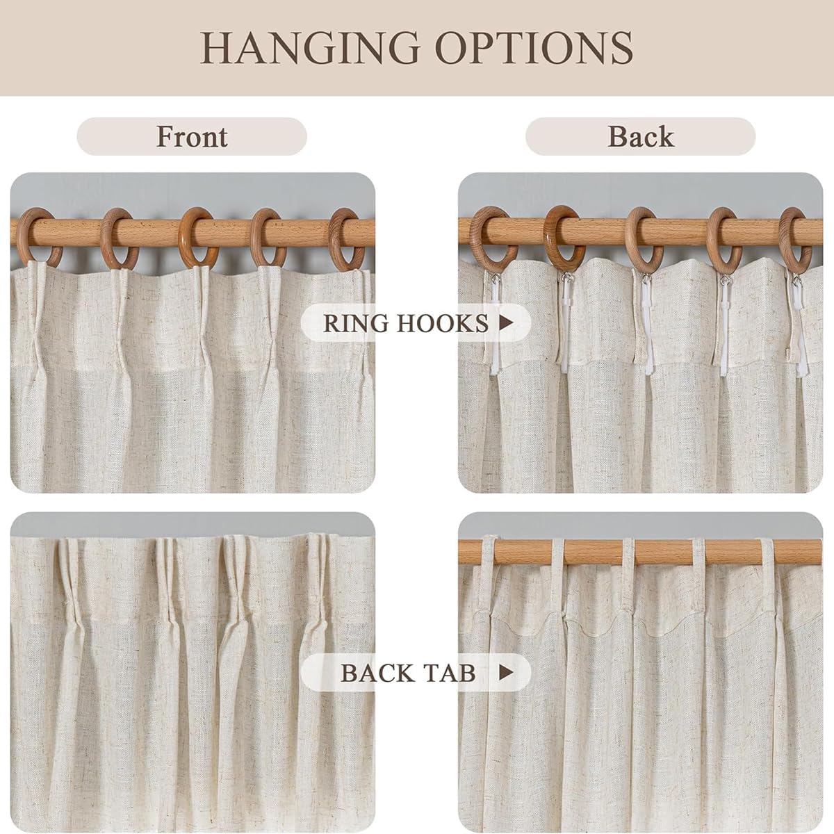Linen Natural Pinch Pleat Half Tulle Curtains for Bedroom, Living Room, Back Pleated Curtains with Hooks Bohemian Farmhouse, can be Easily Hung by Hooks W40xL84 (2 pcs), Natural