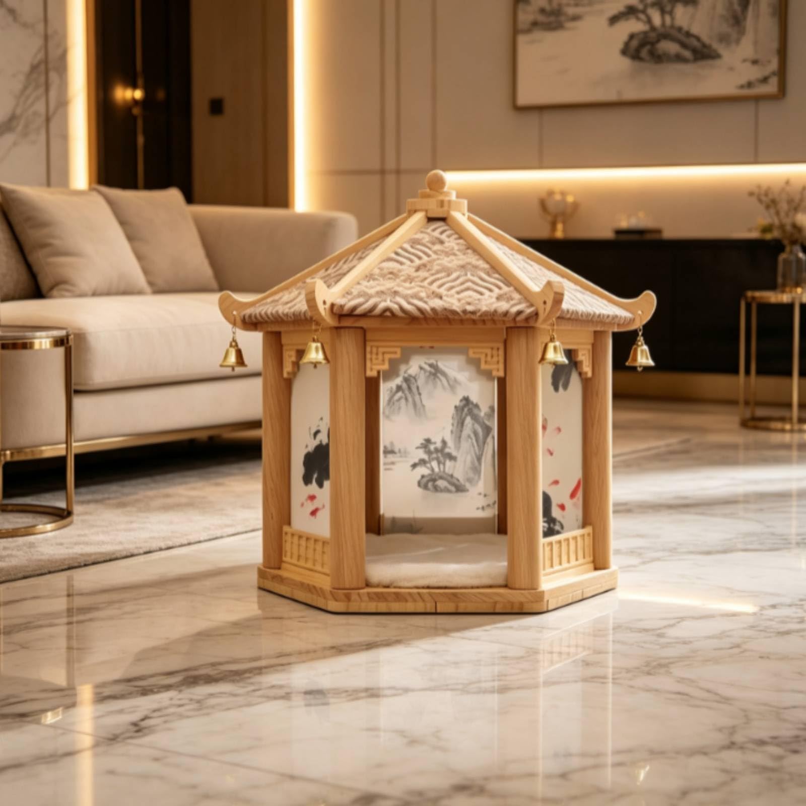 Struttura Arrampicata per Gatti con Tiragraffi in Sisal E Legno Massello con Pannelli Decorativi Stile Inchiostro Adatta per Soggiorno E Camera da Letto