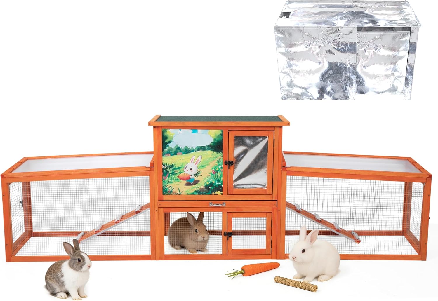 COZIWOW Large Wooden Rabbit Hutch Outdoor Indoor Bunny Cage, 2-Level Small Animal House Enclosure with All-Covered Sloped Roof (Orange with Warm)