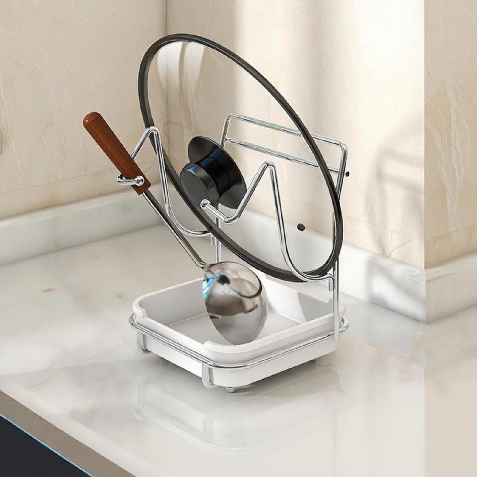 Stainless Steel Pot Lid Organizer Rack, Multifunctional Spoon Rest, Kitchen Countertop Storage Holder Single Layer Rack
