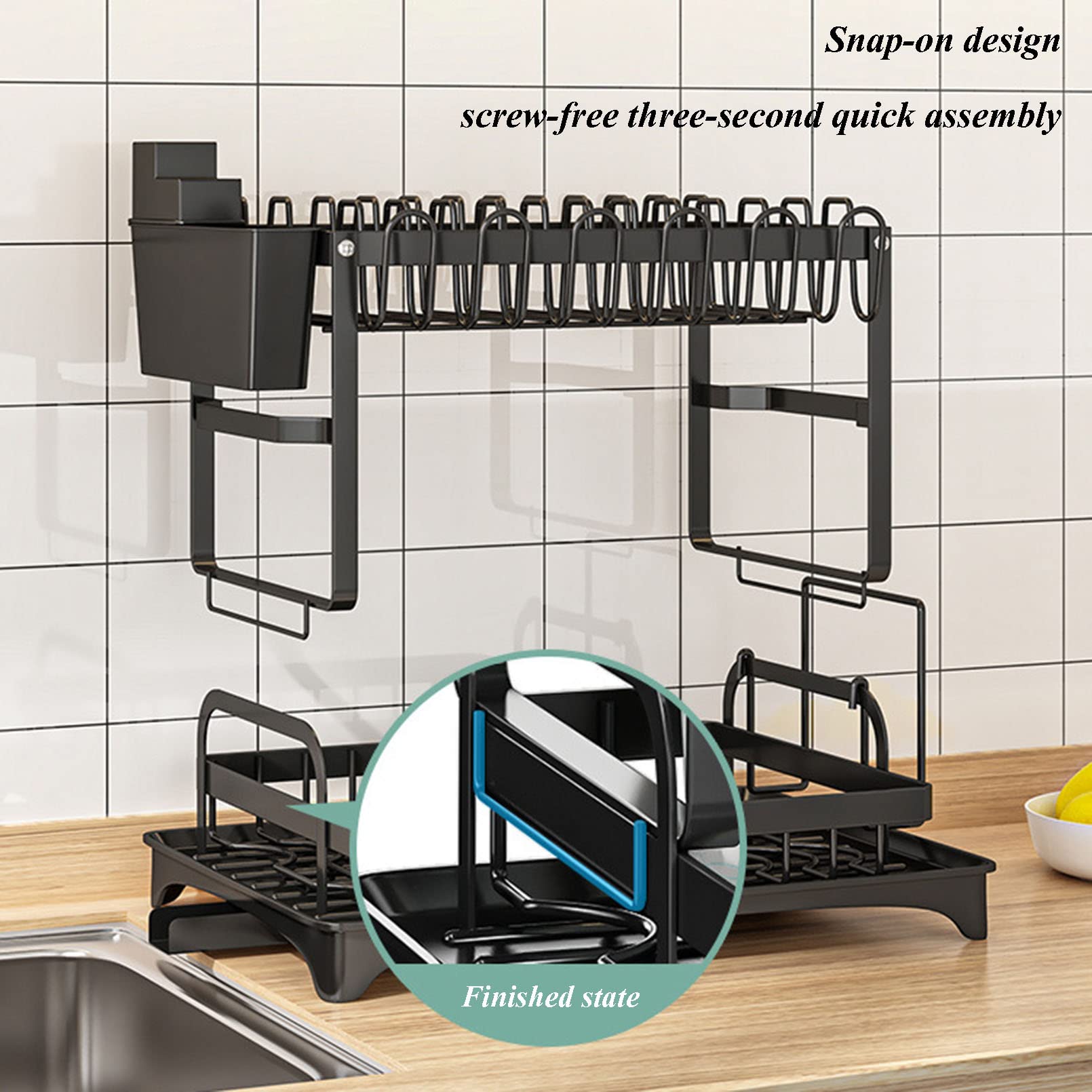 Herogo 2-Tier Dish Drying Rack Set With Drain Board – Large Countertop Organizer With Cup & Utensil Holders, Black - View #8