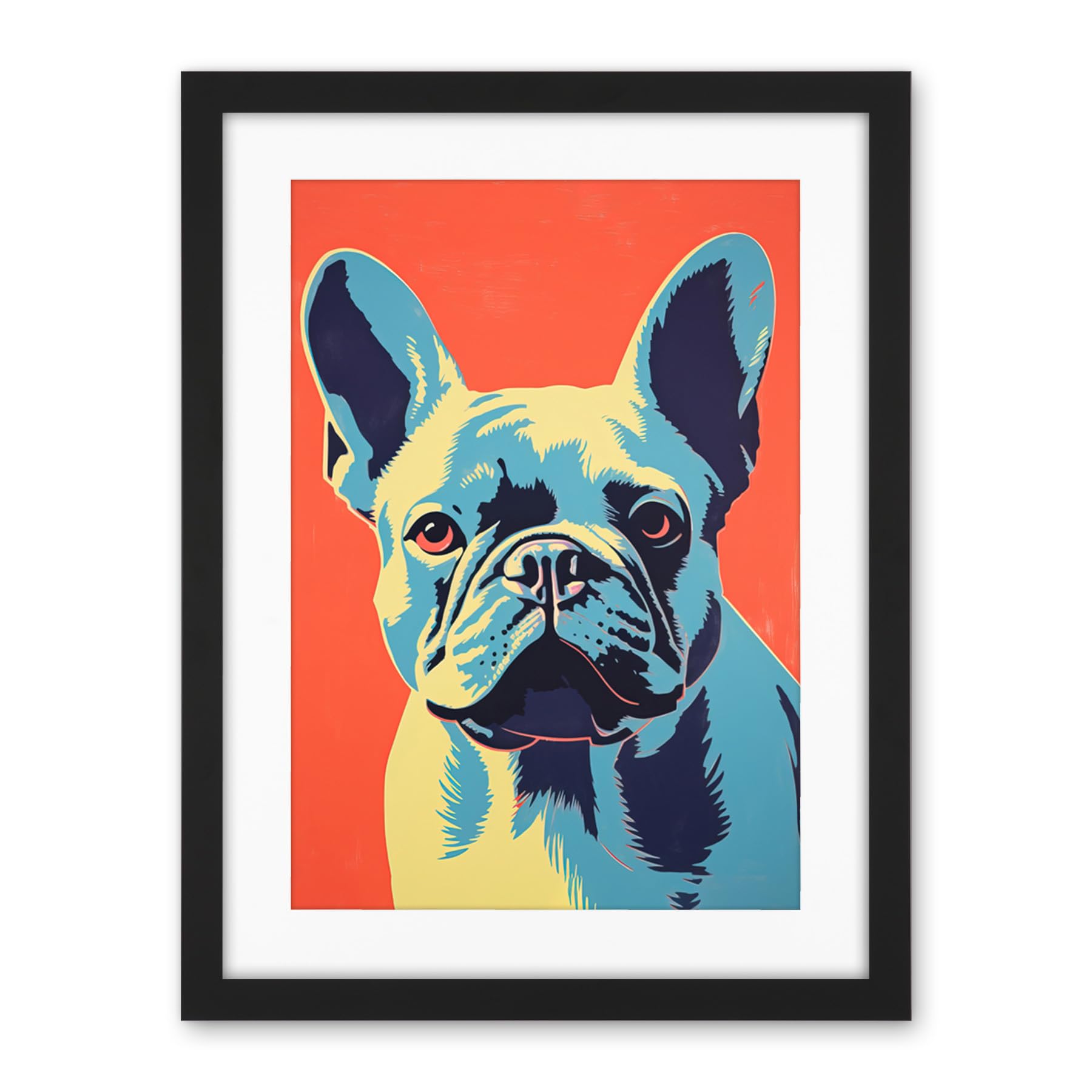 Artery8 French Bulldog Colour Block Artwork Coral Orange Blue Vibrant Pet Portrait Cute Artwork Framed Wall Art Print 18X24 Inch