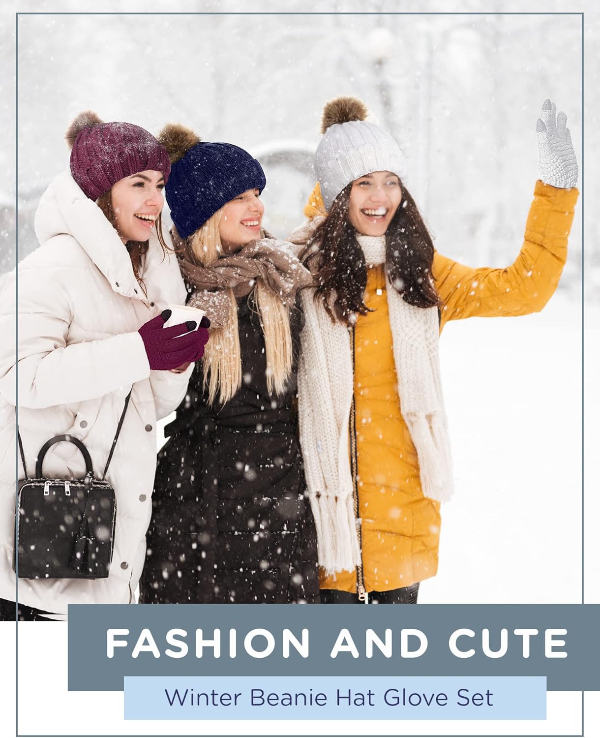 Haysandy 6 Pcs Winter Beanie Hat Gloves Set for Women Warm Knitted Hat Skull Cap with Pom Pom and Touchscreen Glove for Women - Image 6