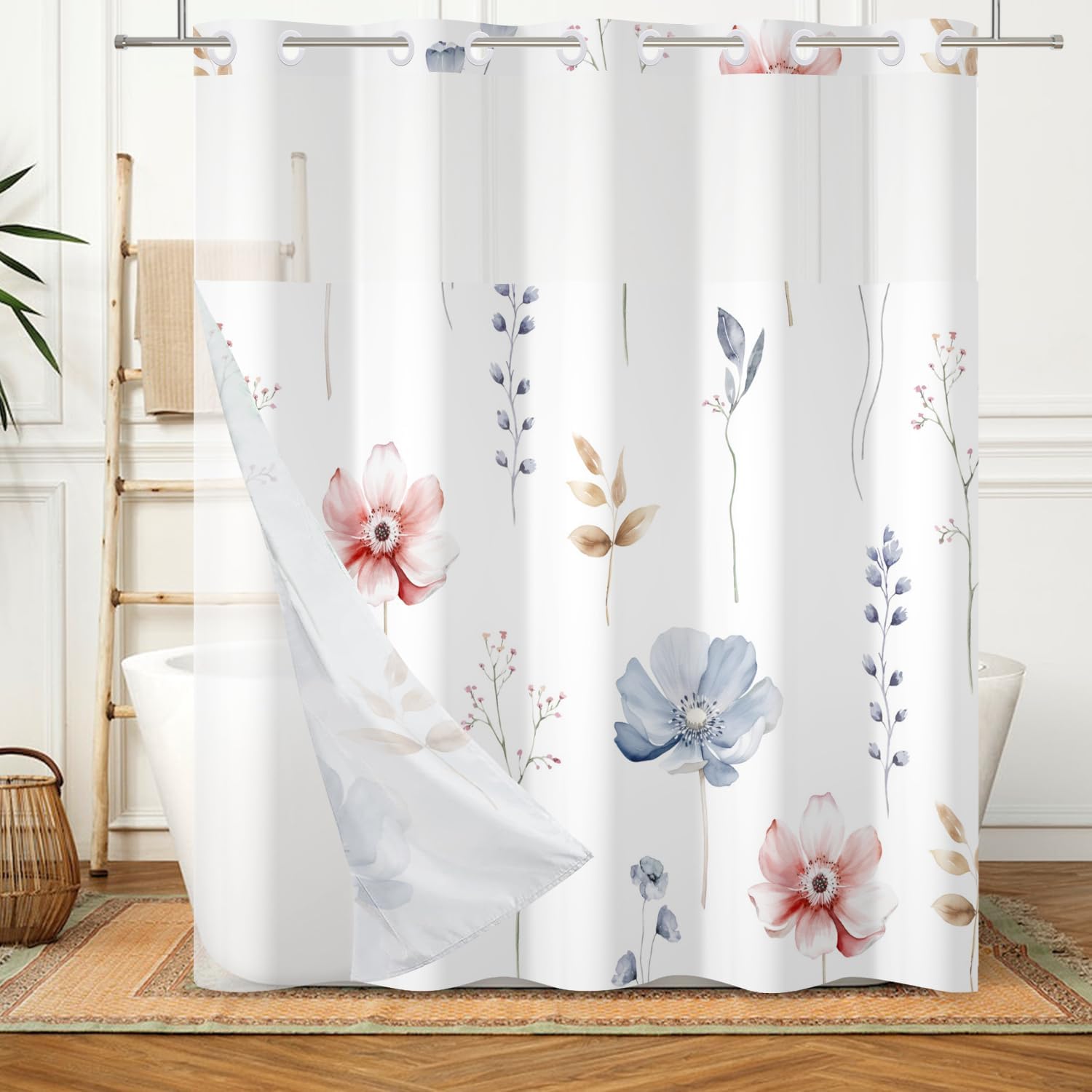 DASHAN No Hook Shower Curtain with Snap in Liner, Watercolor Blue Floral Shower Curtains for Bathroom, Decorative Plants Cloth Bathroom Curtain Hotel Fabric Bath Curtains 71"x74"
