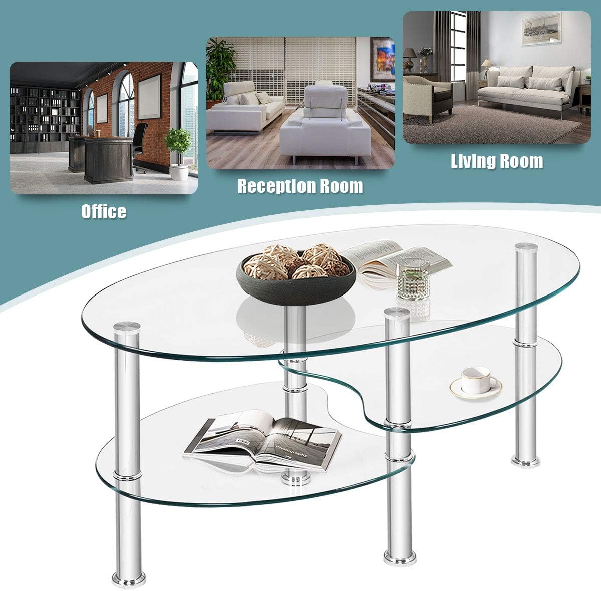 DORTALA Tempered Glass Oval Coffee Table, 3-Tier Modern Side Table with Chrome Base and Open Storage Shelf, Home Furniture Decor End Table for Living Room, Office Reception, Clear