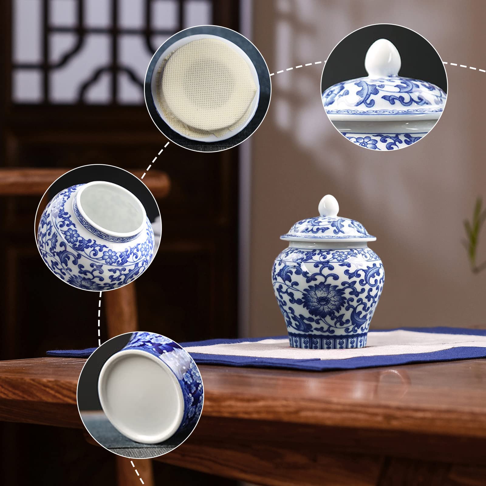 Nishiyuenyi Ceramic Ginger Jar Chinese Style Blue White Porcelain Home Decor Accent Centerpiece Ornament Decorative Flower Vase Food Storage Jar, 4.8''x3.74''