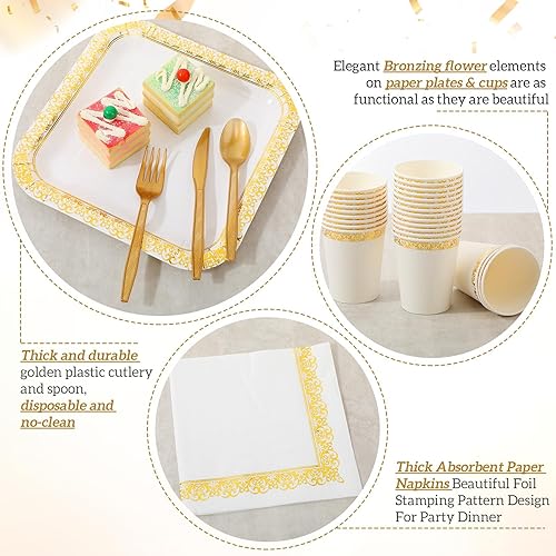 Miniatura 10 de meekoo Juego de vajilla desechable de 350 piezas para 50 invitados, platos de postre de 9 y 7 pulgadas, servilletas con borde dorado, cuchillos de