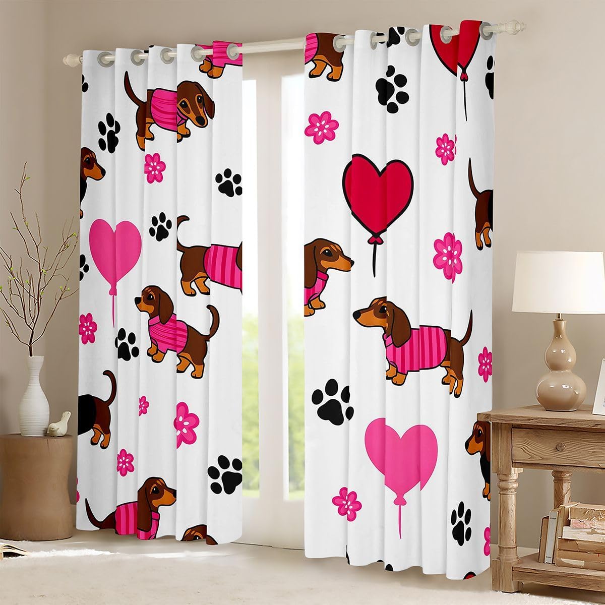 Castle Fairy Dachshund Window Drapes for Girls Boys Floral Heart Ballon Blackout Curtains Cute Dog Paw Window Curtains Living Room Bedroom Decor Kawaii Sausage Dog 2 Panel Sets,52Wx84L inch