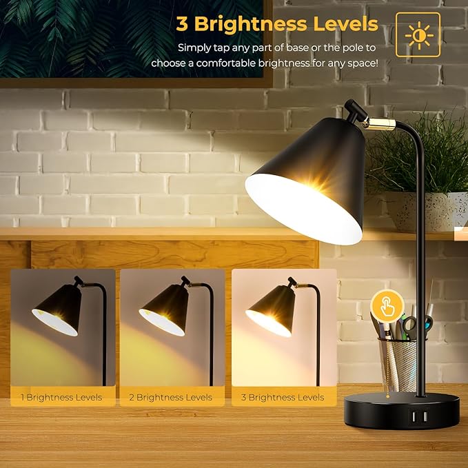 Brightever Industrial Dimmable Desk Lamp with 2 USB Charging Ports AC Outlet, Touch Control Bedside Nightstand Reading Lamp Flexible Head, Black Metal Table Lamp for Bedroom Office Living Room, Bulb Included photo 3