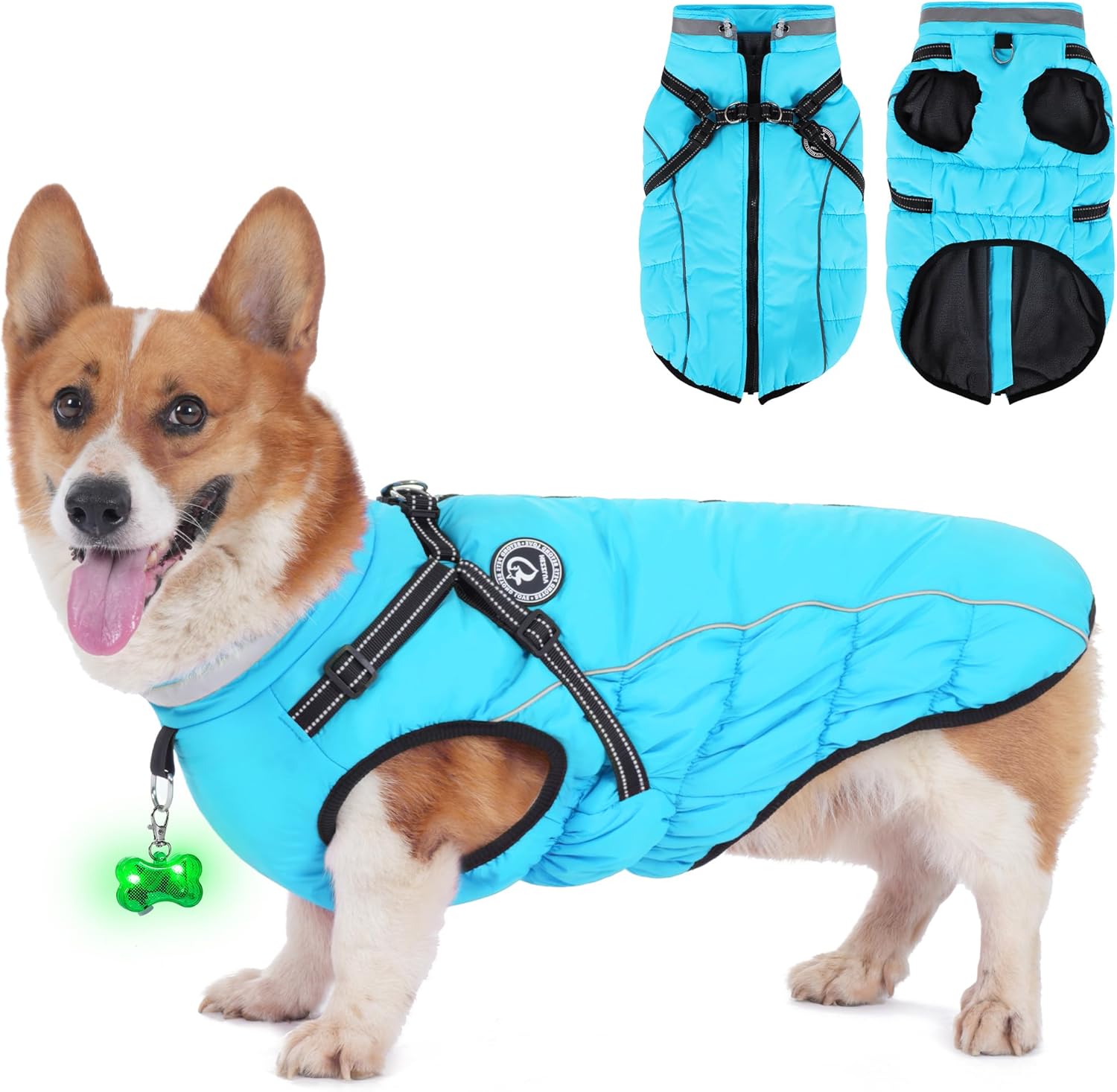 Waterproof Dog Jacket with Built-in Harness, Winter Snow Dog Warm Coat for Small, Medium Dogs, Cold Weather Cozy Vest Clothes with Luminous Pendant and Reflective Strips, Adjustable Straps