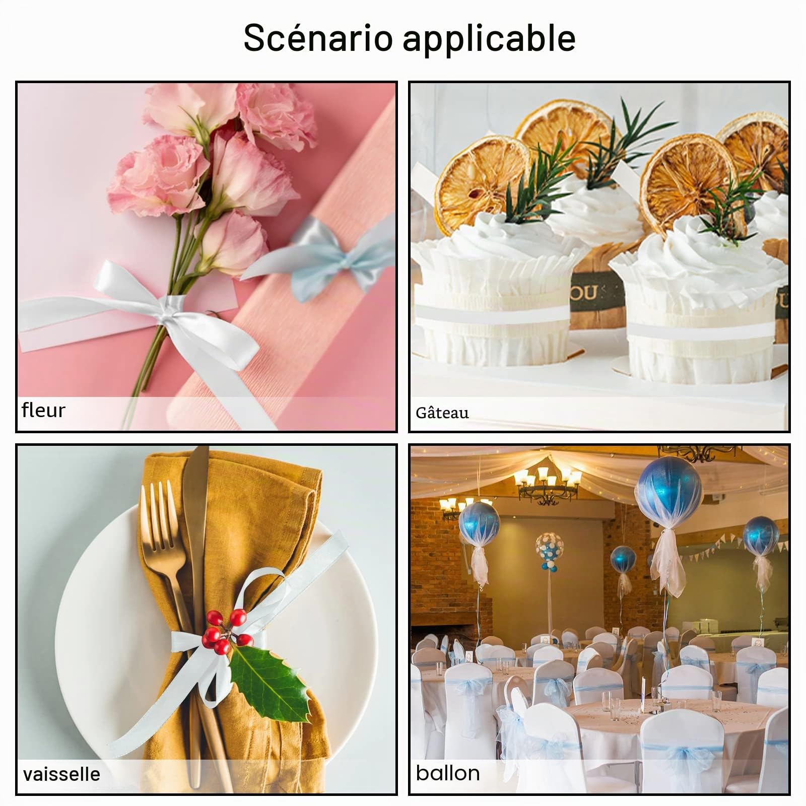 Ruban de satin 6 mm x 91 m - Ruban cadeau en tissu - Ruban décoratif blanc pour Noël et mariage