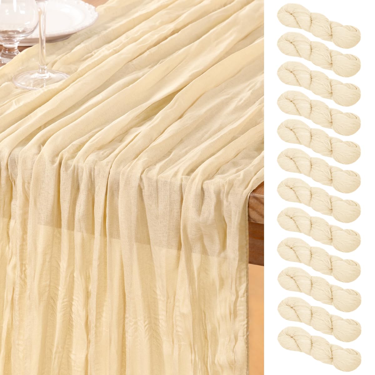 DeZerlor Beige Cheesecloth Table Runner 12 Pack Summer Table Runners 120 Inches Boho Gauze Cheese Cloth Table Decor for Wedding Bridal Baby Shower Parties