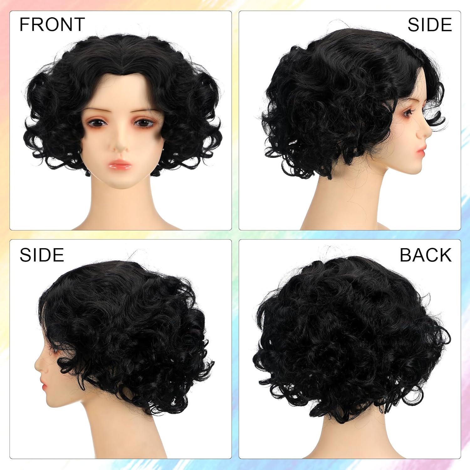 Mepase 4 Pcs Halloween Book Character Costumes Accessories for Women Rainbow Striped Shirt Black Short Curly Wigs and Pink Bow Hairpin Costume Adult Cosplay Dress Kit - Image 7