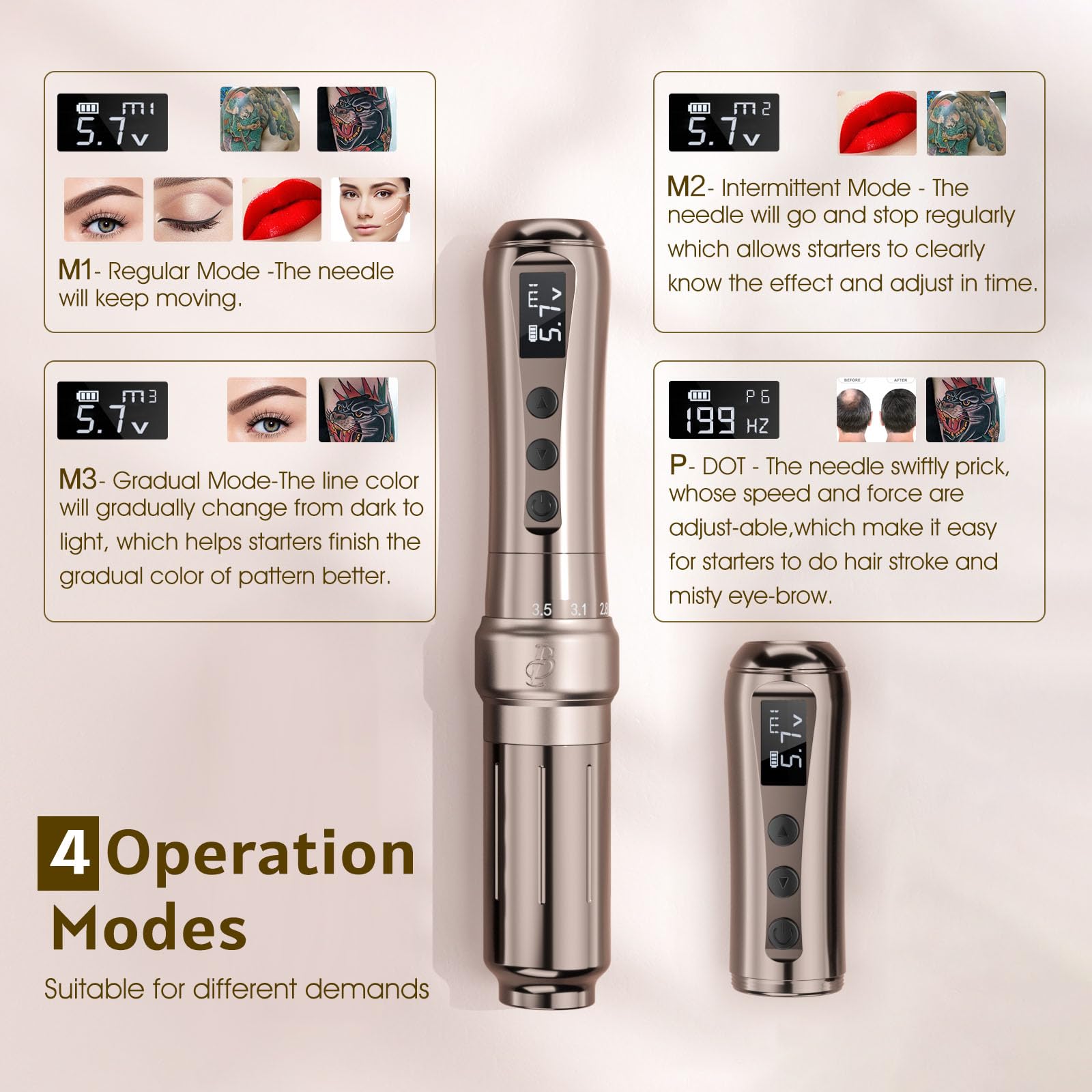 Biomaser Wireless Semi Permanent Maquillaje U1 Permanente Lápiz Inalámbrico Ajustable en Seis Tiempos Pantalla OLED para Maquillaje con 2 Batería 1000mAh