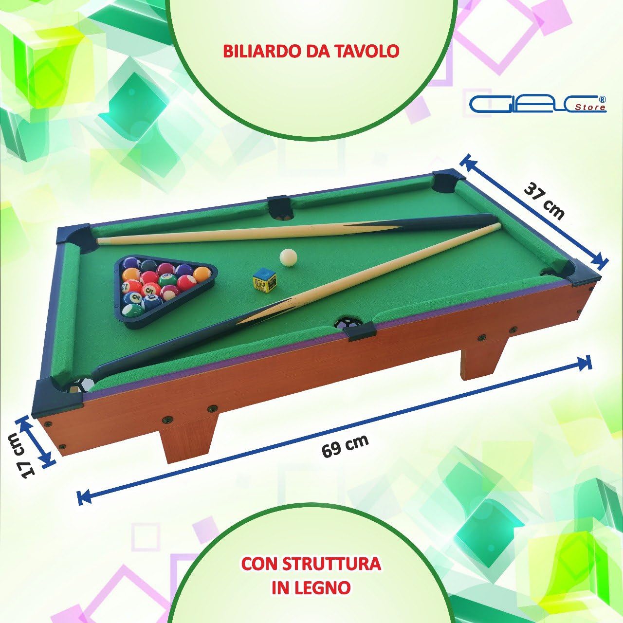 Mini tavolo da biliardo mobile - Copertura in feltro verde - 2 stecche 16 palle triangolo e gesso - Colore legno chiaro - Ideale per bambini e adulti 69x36x17 cm